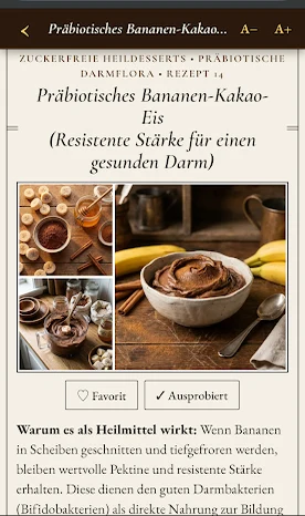Ein geöffnetes Rezept, oben die Tasten A− und A+ für größere Schrift
