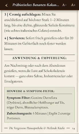 Zubereitung in nummerierten Schritten, darunter Anwendung und Symptom-Filter